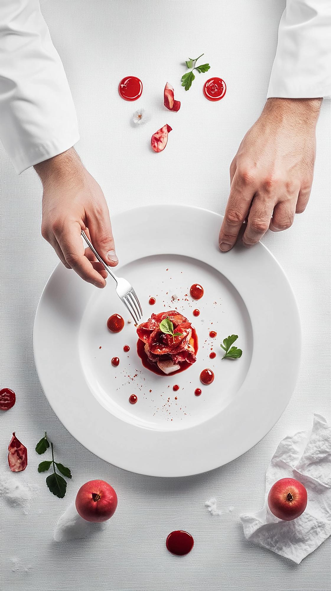 Chef arranging plated meal with modern tools